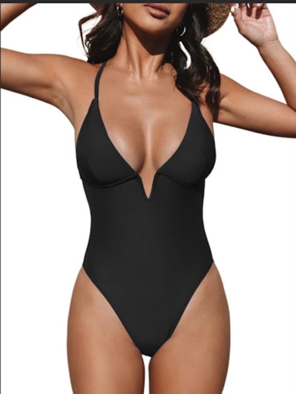 CUPSHE Women’s Plunging V-Neck One-Piece Swimsuit - Black Size Small
